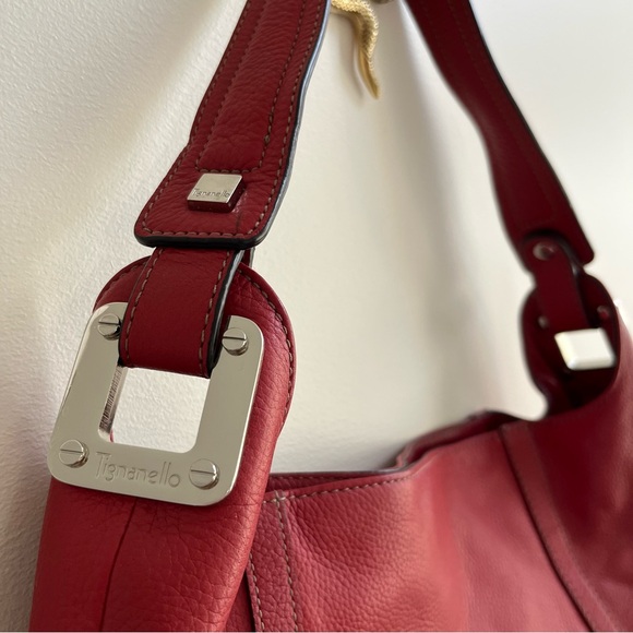 Tignanello Red Leather Hobo Shoulder Bag w/ Silver Zippers - Picture 7 of 13